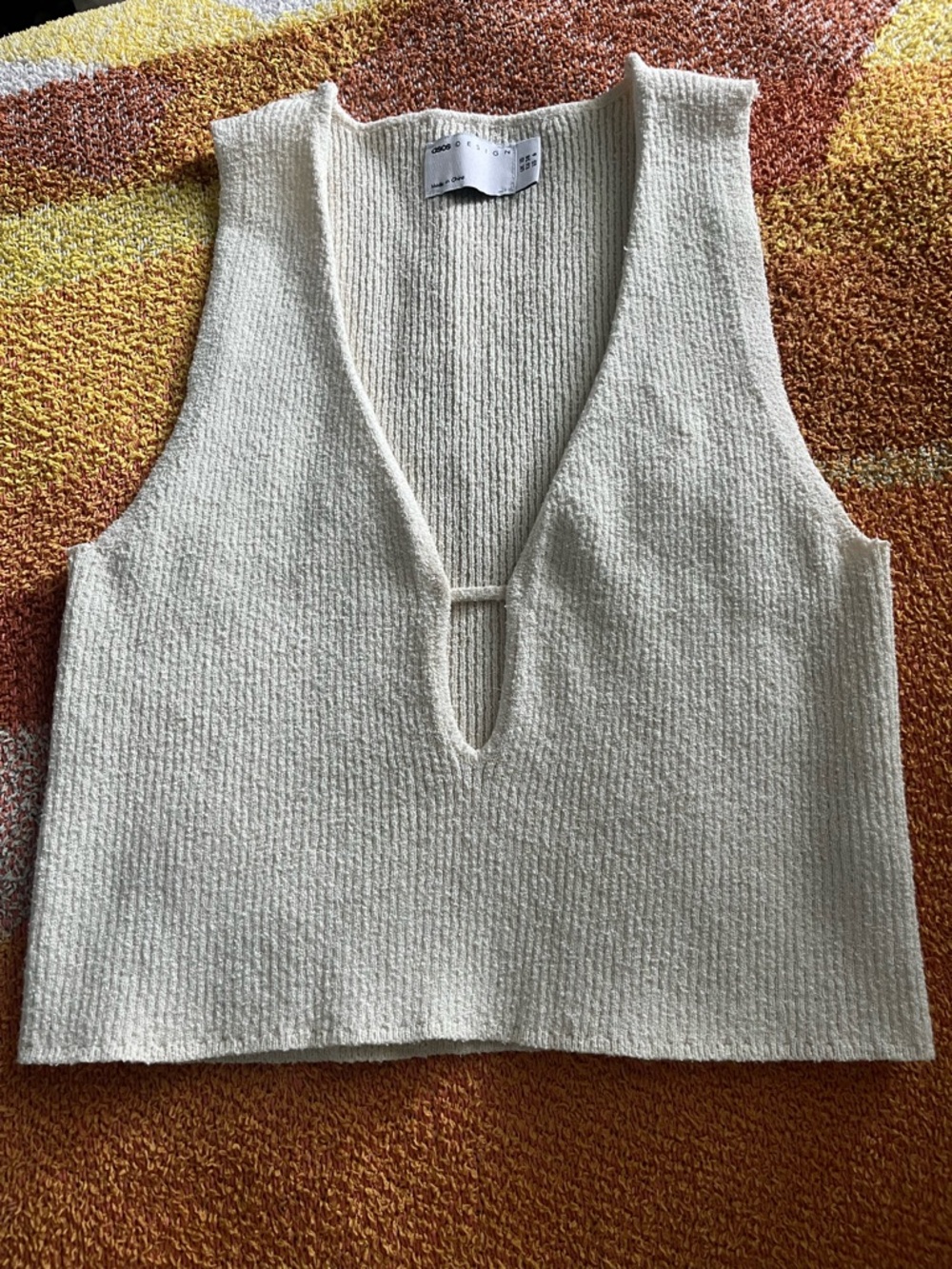 ASOS Cream Deep V Knit Crop Top with Single Bar